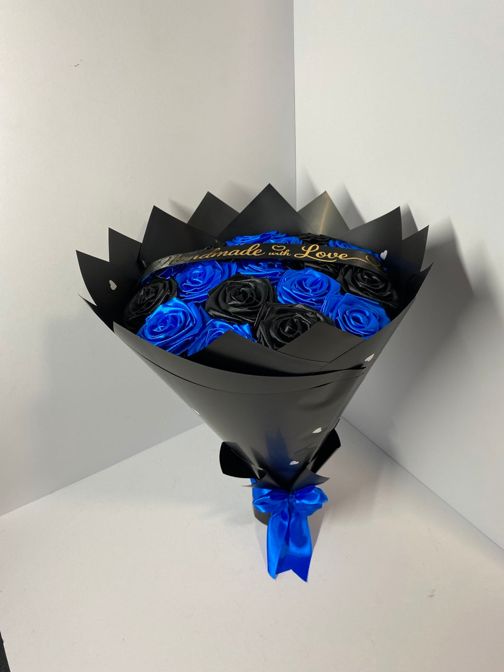 Royal blue and black handmade satin rose bouquet, front view