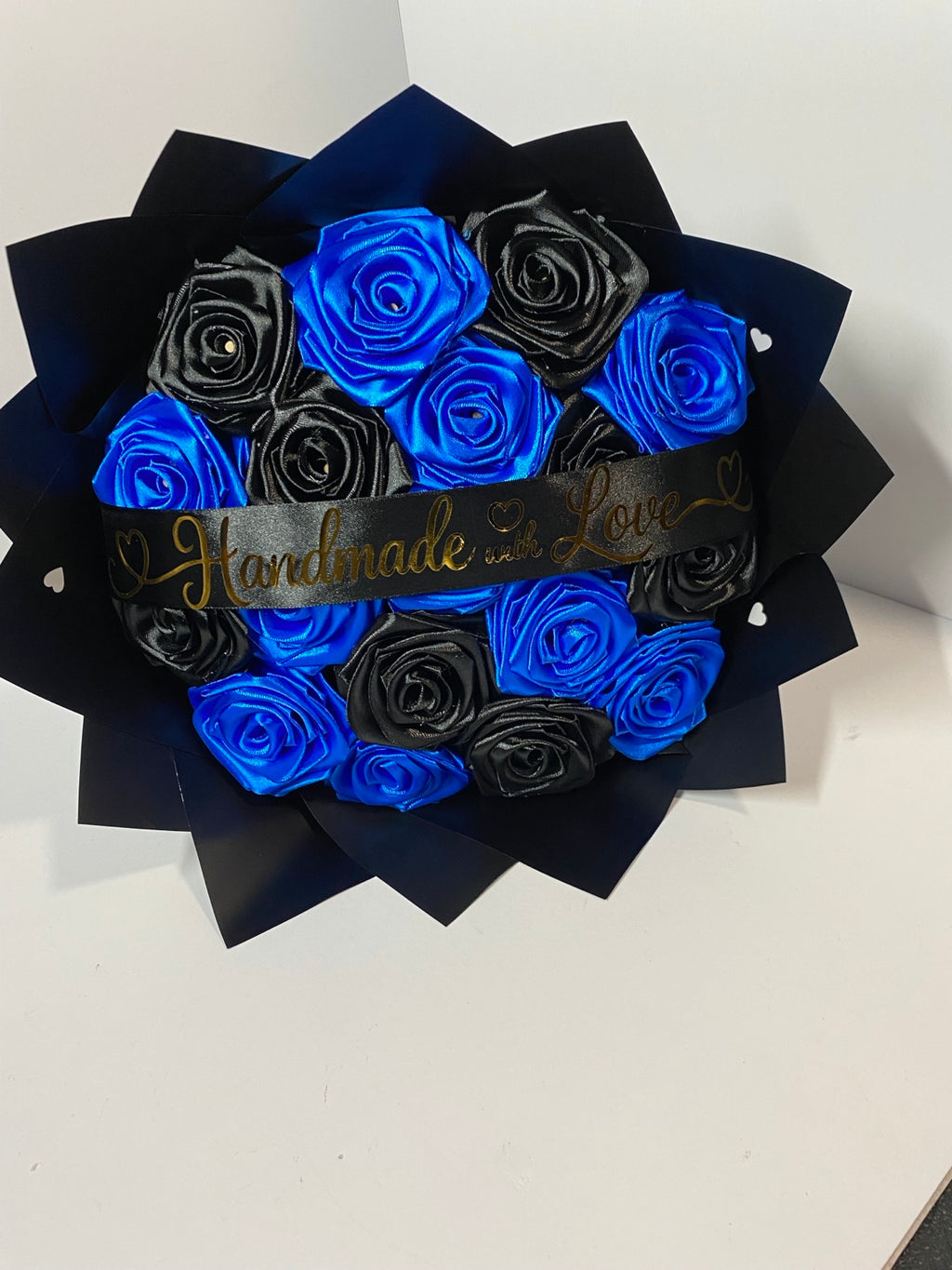 Handmade royal blue and black satin rose gift bouquet