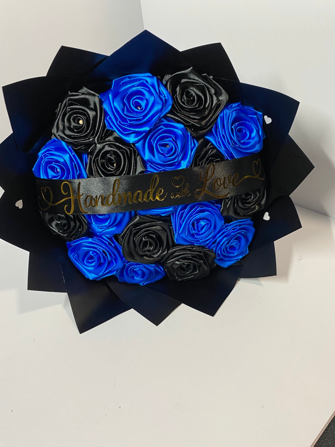 Handmade royal blue and black satin rose gift bouquet