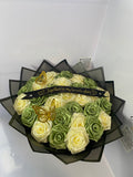 Sage green and cream handmade satin rose bouquet with gold butterflies — Pao Bloom Studio