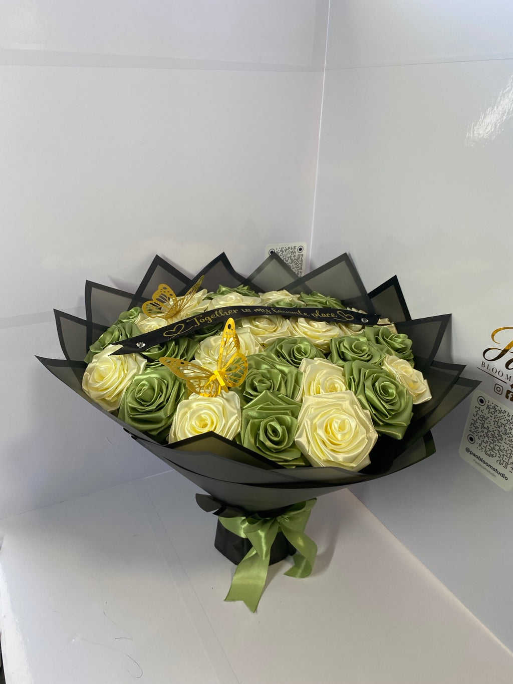 Sage green and cream handmade satin rose bouquet with gold butterflies — Pao Bloom Studio
