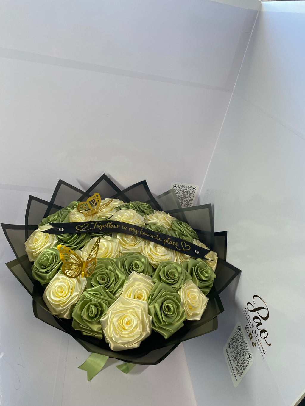 Sage green and cream handmade satin rose bouquet with gold butterflies — Pao Bloom Studio