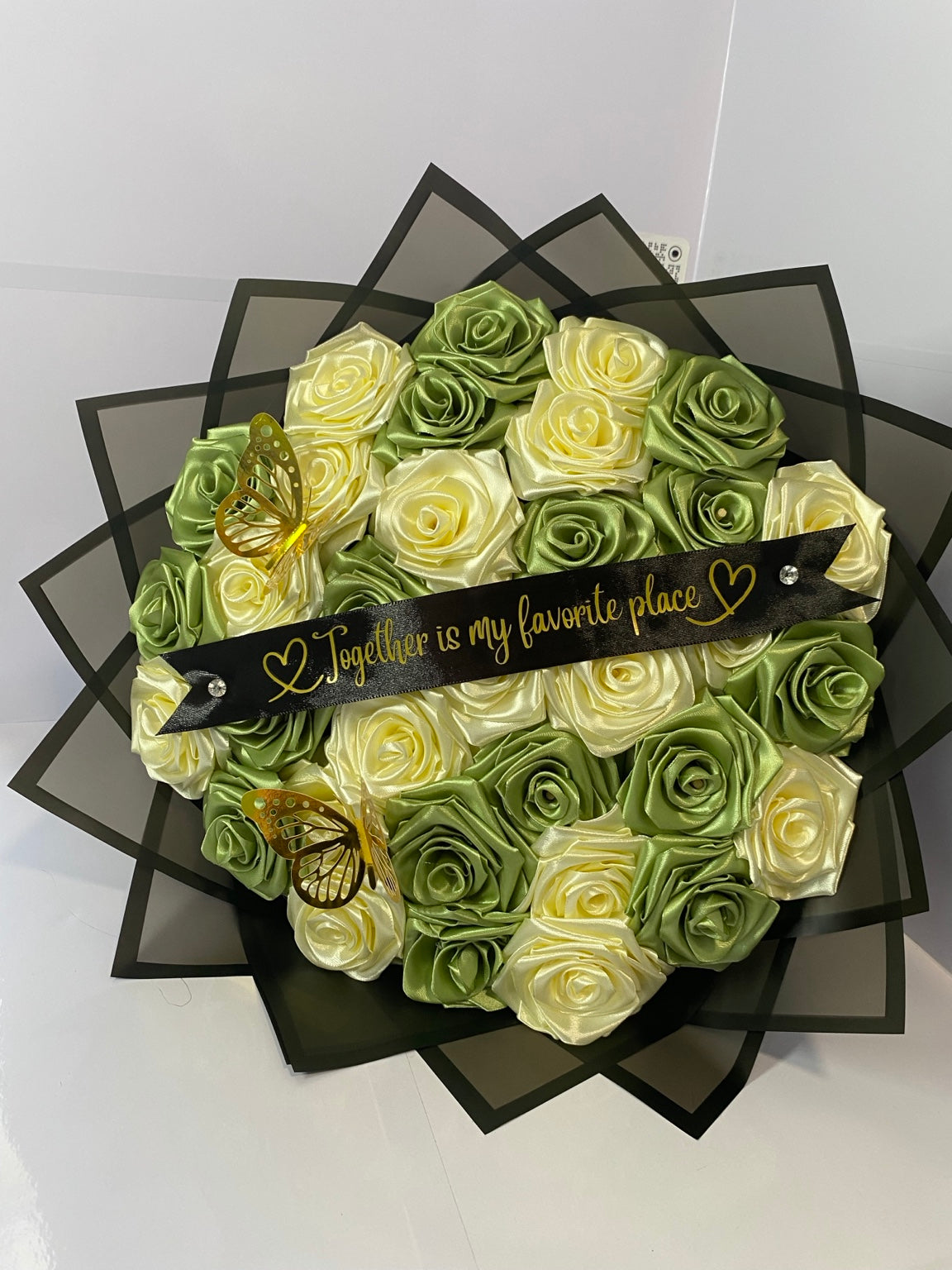 Sage green and cream handmade satin rose bouquet with gold butterflies — Pao Bloom Studio