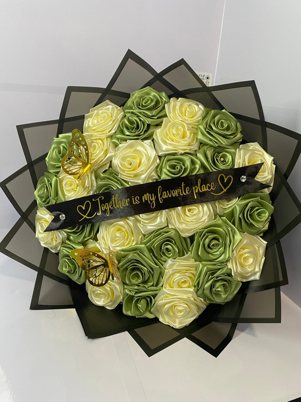 Sage green and cream handmade satin rose bouquet with gold butterflies — Pao Bloom Studio