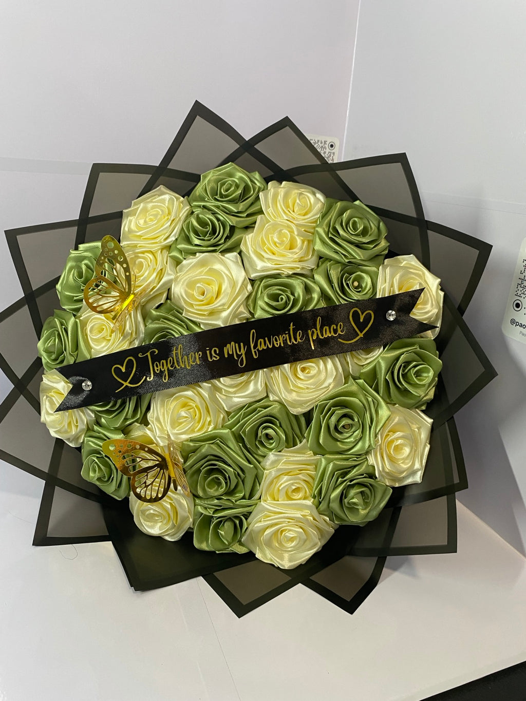 Sage green and cream handmade satin rose bouquet with gold butterflies — Pao Bloom Studio