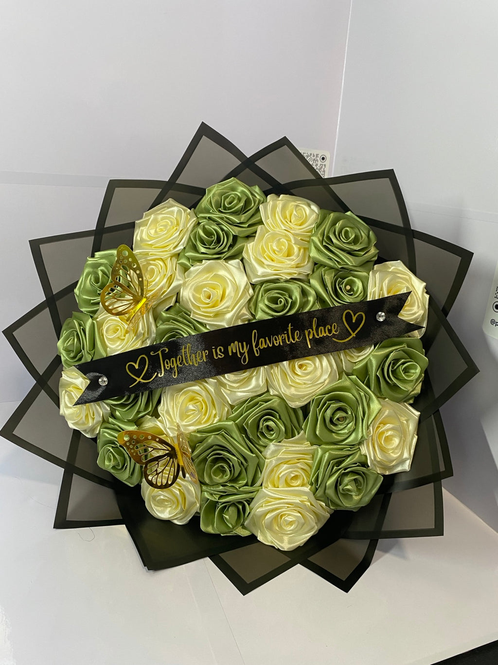 Sage green and cream handmade satin rose bouquet with gold butterflies — Pao Bloom Studio