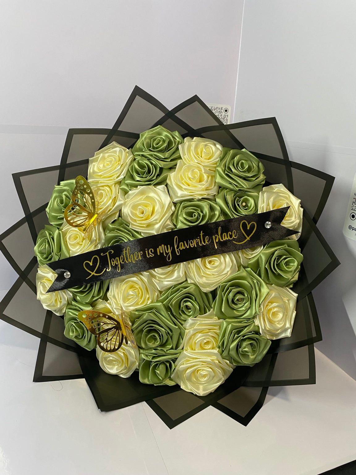 Sage green and cream handmade satin rose bouquet with gold butterflies — Pao Bloom Studio