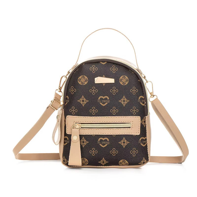 Brown and beige women's mini crossbody backpack purse